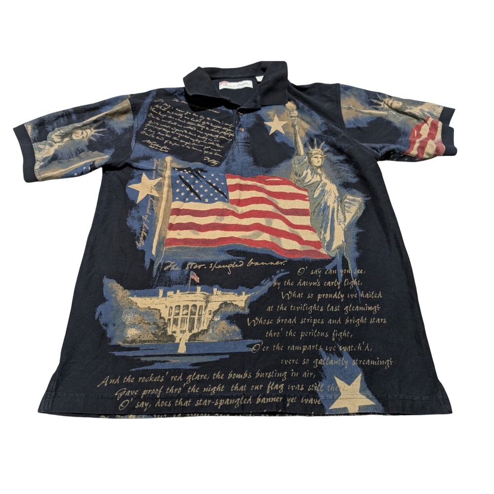 American Summer Polo Shirt Mens L Navy‎ Patriotic Flag Star Spangled Banner USA